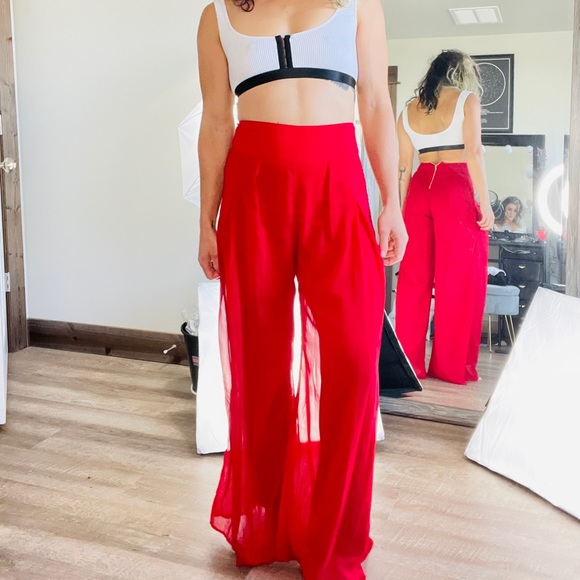 Pants - Red flowy high waist trouser pants
